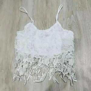 Call Me Eden Womens Fringe Sheer Lace Crochet Crop Tank Top White Size Medium